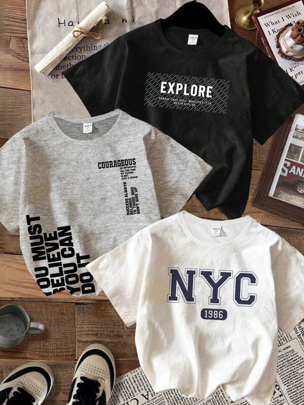 SHEIN Camiseta de manga corta de cuello redondo con gráfico de letra minimalista casual para niño, adecuada para el verano