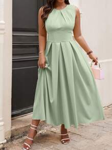 Cravure 加大码纯色圆领褶皱休闲夏季长款女装