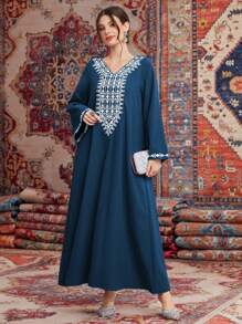 Al Najma Abito lungo con scollo a V, maniche lunghe, dritto e morbido, con motivo geometrico, in stile arabo