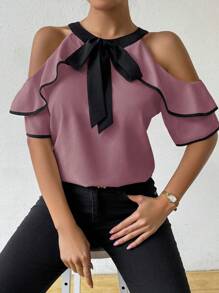 Chiquease Women's Elegant Commuting Color Contrast Tie Neck Off Shoulder Ruffle Blouse - Purple - View 3