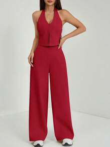 PETITE Conjunto de blusa sin mangas de escote en V y pantalón de pierna ancha para oficina en primavera/verano, diseño estilizante y alargador para usar en la calle - Negro - Ver 11