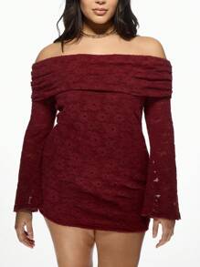 MISSGUIDED PLUS Abito mini con spalle scoperte e pizzo, taglia comoda, per feste, club, notti, maniche lunghe, scollo Bardot, occasioni speciali, aderente, adatto per l'inverno e l'autunno - Bordò - Visualizzare 6