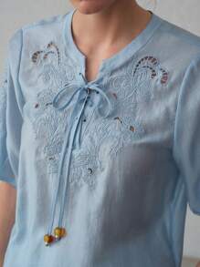 MOTF PREMIUM TIE NECK APPLIQUES BLOUSE - Blue - View 3