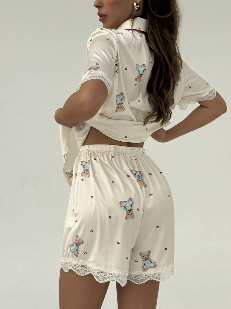 Aloruh 2 件套熊印花蕾丝拼布睡衣套装（含短裤） - 杏色 - 查看 1