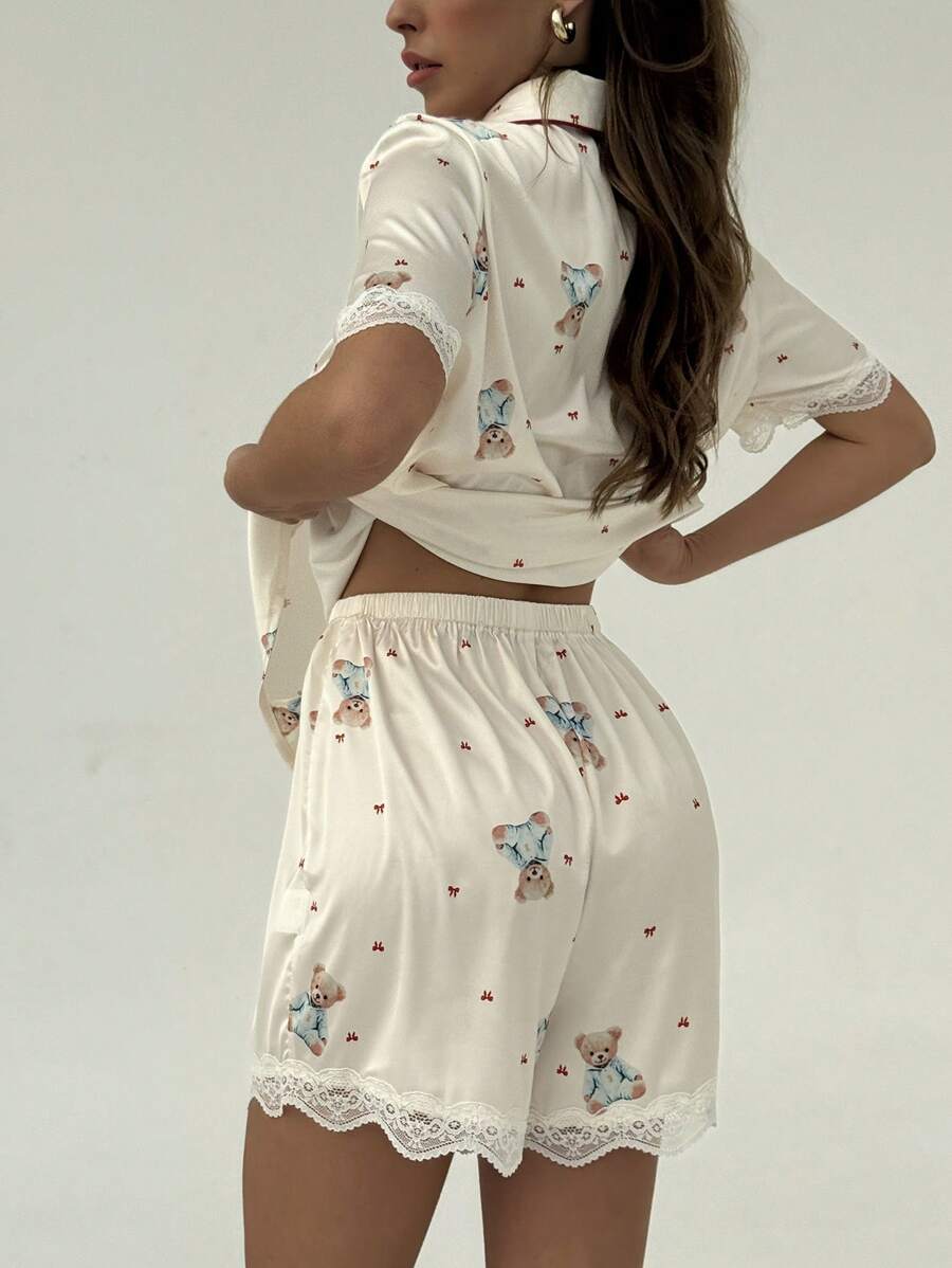 Aloruh 2 件套熊印花蕾丝拼布睡衣套装（含短裤） - 杏色 - 查看 1