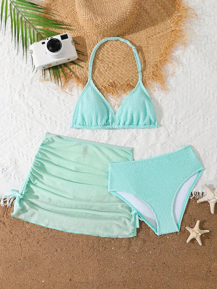Tween 女童褶皱三件套比基尼套装，带蝴蝶结裙，时尚休闲优雅，适合游泳、度假、夏季 - 綠色 - 查看 1