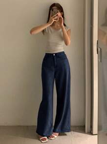 DAZY 女式加大码宽松阔腿长牛仔裤 - 深色水洗藍 - 查看 4