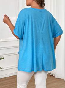 SHEIN CURVE+ Áo thun cổ tròn in hoa nhiều màu tay cánh dơi có túi cỡ lớn - Xanh đậm - Xem 2