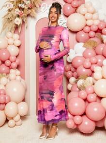 Loomaby Maternity Elegant Party Tie-Dye Print Ruched Form-Fitting Dress