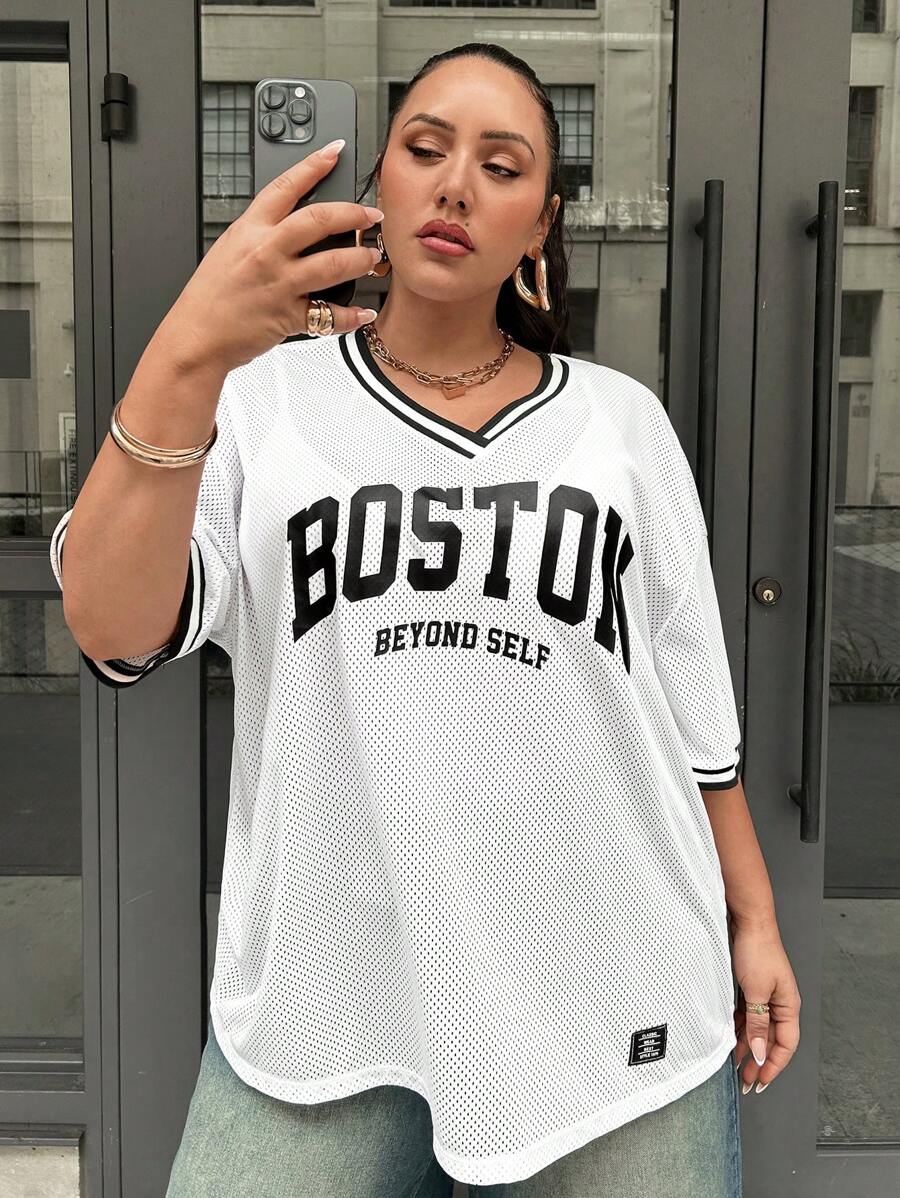 SHEIN EZwear Plus Letter Graphic Striped Trim Drop Shoulder Mesh Tee, Summer - White - View 1