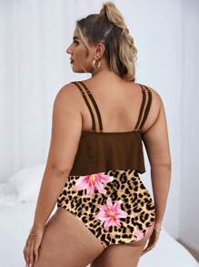 SHEIN Swim Curve 2pcs Plus Size Solid Color Backless Tank Top & Leopard Floral Print Tankini Swimwear Set For Summer Beach Vacation - Multicolor - View 2