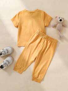 2 Pcs/Set Newborn Baby Boy Lion Print Short Sleeve Shirt & Long Pants Set, Cute Outfit For 3-6 Months, Orange Color Suitable For Summer, Versatile For Casual Wear Or Outdoor