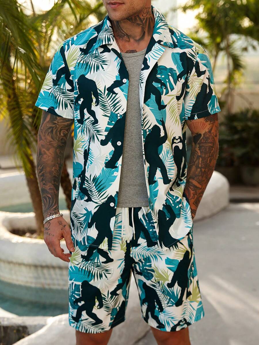 Manfinity RSRT 2pcs/Set Men's Tropical Leaf & Ape Print Button-Up Shirt And Elastic Drawstring Shorts Set, Beach Holiday Casual - Green - View 1