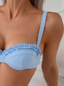 Swim Mod Women Striped Frilled Sexy Ruffle Detail Beach Bikini Swimwear, Summer Vacation Outfits - Blue and White - View 8