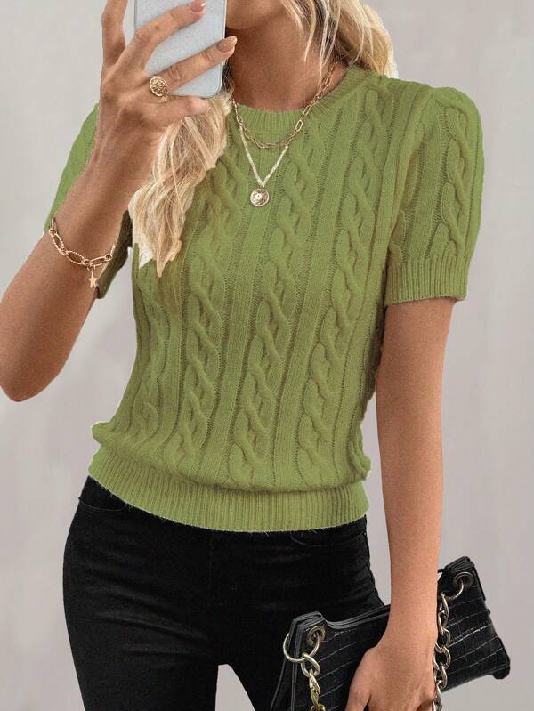 EMERY ROSE Fashionable Blogger-Style Twist Rope Decor Round Neck Knit Top, Design, Suitable For Autumn/Winter