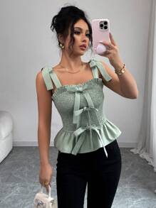 Elenzga Women's Summer Casual Pleated Bow Strap Sleeveless Camisole Top - Green - View 6