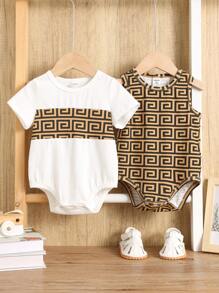 SHEIN 2pcs Baby Boy/Girl Casual Geometric Color Block Sleeveless Bodysuit, Suitable For Spring/Summer Indoor & Outdoor Wear