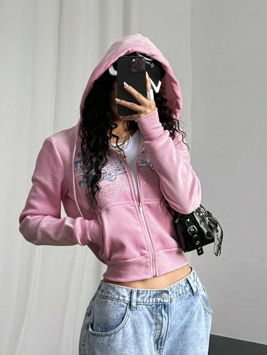 StreetHx Women's Gothic Print With Rhinestones Y2K Style Thermal Lined Hoodie For Autumn/Winter - Pink - View 1