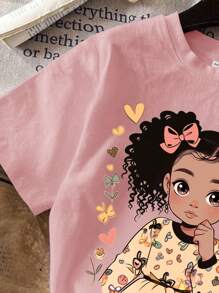 SHEIN Young Girl Casual Pattern Short Sleeve T-Shirt, Suitable For Summer - Coral Pink - View 3