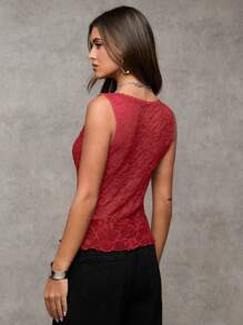 SHEIN BAE Women's Sexy Solid Color See-Through Mesh Sheer Tank Top - Red - View 2