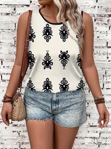 EMERY ROSE Casual Versatile Retro Floral Print Plus Size Tank Top For Summer - Black and White - View 3