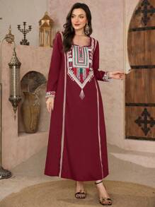 Al Najma Women's Spring/Summer Retro Pattern Turkish Kaftan & Arabic Traditional Long Robe,Modest - Burgundy - View 1