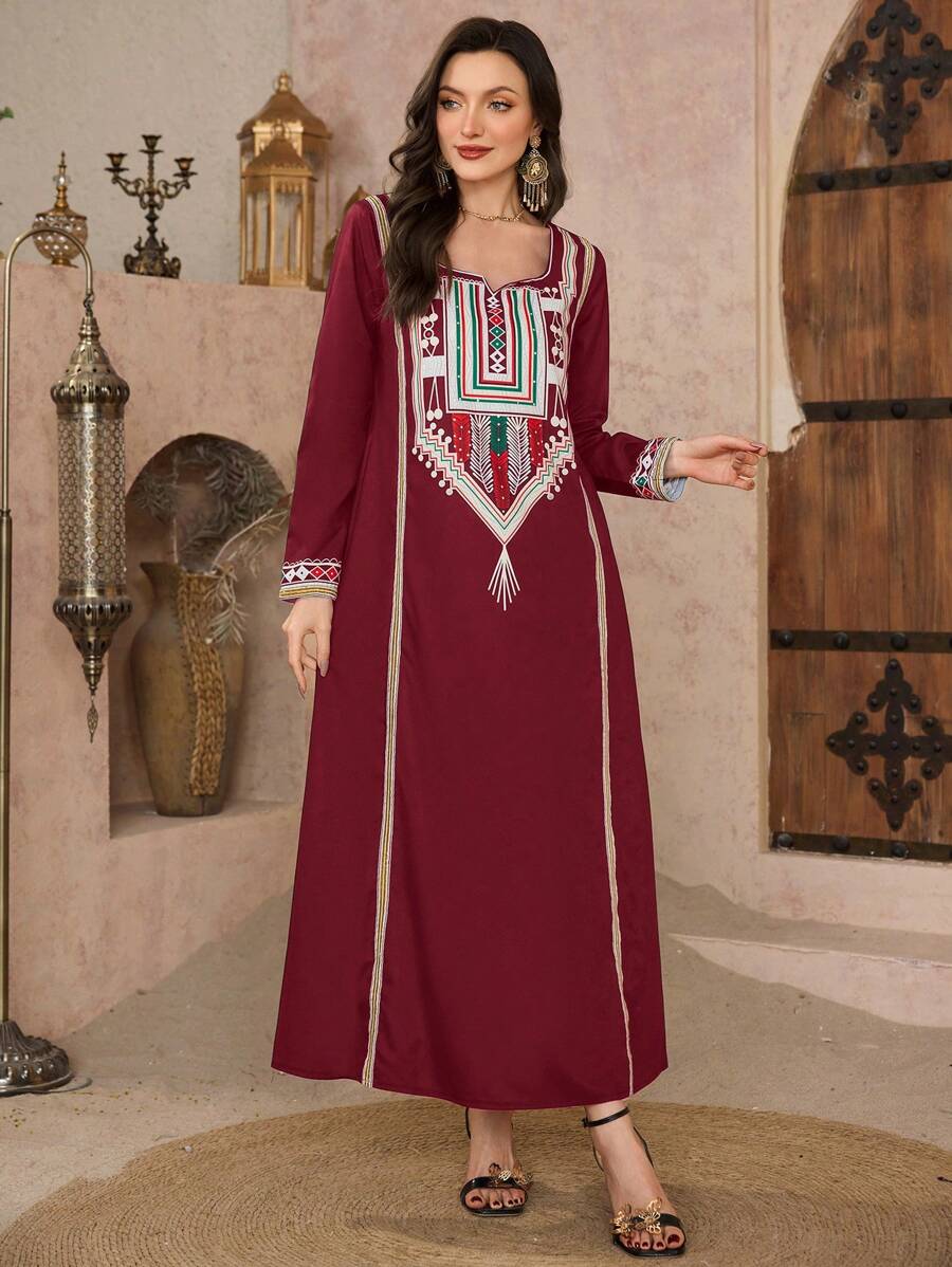 Al Najma Women's Spring/Summer Retro Pattern Turkish Kaftan & Arabic Traditional Long Robe,Modest - Burgundy - View 1