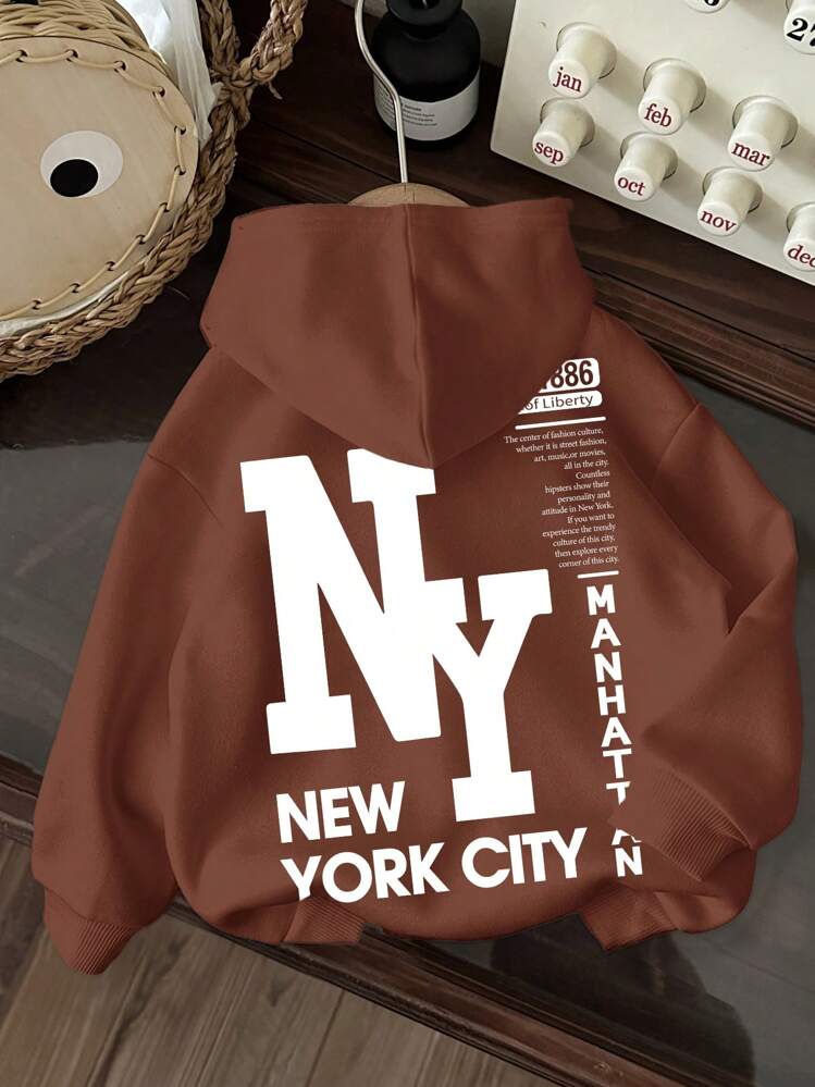 SHEIN Sudadera informal minimalista con estampado de dibujos animados de manga larga para niño preadolescente, gruesa y adecuada para otoño/invierno - Marrón - Añade 1