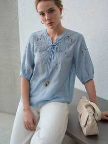 MOTF PREMIUM TIE NECK APPLIQUES BLOUSE - Blue - View 4