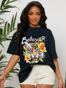 SHEIN SXY Women's Slogan & Tiger Print Casual Round Neck Short Sleeve T-Shirt,Vacation Outfits Woman,Summer Outfits For Women,Beach Outfits For Woman,Graphic Tees Women