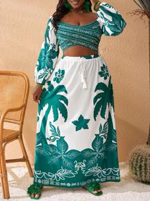 Slaydiva Plus Size Fitted Printed Long Sleeve Crossover Top, Spring Resort - Green - View 7