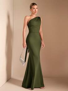 SHEIN BAE 秋季优雅女士不对称领口斜肩长袖连衣裙，适合休闲、约会、夜店、派对、圣诞节 - 軍綠色 - 查看 4