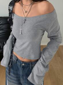 Coolane Camiseta básica de manga larga gris con hombros descubiertos para mujer, estilo primavera/verano Y2K