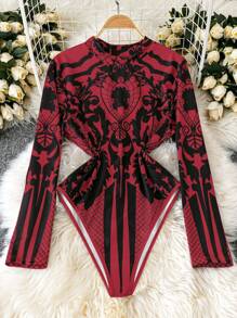 SHEIN LUNE Plus Size Women's Sexy Palace Style Printed High Neck Long Sleeve High Elasticity Fabric Bodysuit, Fashionable & Versatile For Autumn/Winter - Multicolor - View 1