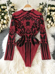 SHEIN LUNE Plus Size Women's Sexy Palace Style Printed High Neck Long Sleeve High Elasticity Fabric Bodysuit, Fashionable & Versatile For Autumn/Winter - Multicolor - View 2