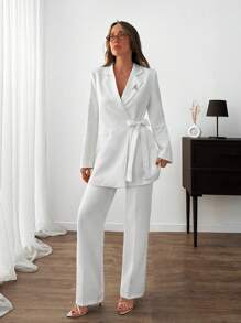 EURMUSE WOMEN ELEGANT SUIT SET WITH BELT DETAILED - White - View 7