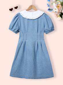 Tween Girl Casual Bleached Denim Dress With Heart Embroidery, Slim Fit Versatile Design For Everyday Wear, Chic And Fashionable - Light Wash - View 7