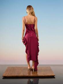 SHE(IN) BRASIL Solid Ruffle Hem Cami Dress - Red - View 2