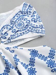 Sweetra 女士夏季休闲度假紧身系带露背镂空喇叭迷你连衣裙，带花卉印花，蓝色 - 藍色 - 查看 3