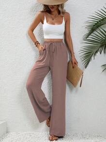SHEIN LUNE Women's Plain Color Loose Drawstring 7/9 Length Pants, Minimalist Style Fall Cloth For Women - Dusty Pink - View 5