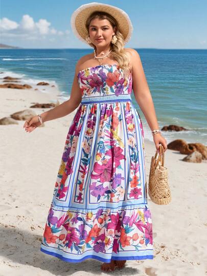 SHEIN VCAY 大码简约时尚抹胸连衣裙，适合夏季海滩度假