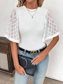 SHEIN Clasi Round Neck Ruffle Sleeve Form-Fitting Women Short Sleeve T-Shirt - White - View 3