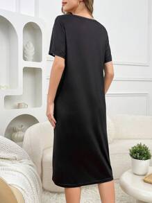 Women Round Neck Butterfly & Letter Print Short Sleeve Nightgown - Multicolor - View 2