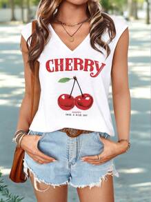 EMERY ROSE Plus Size Women's Casual Cherry Pattern V-Neck Camisole,Slightly Sheer Suitable For Summer - White - View 9