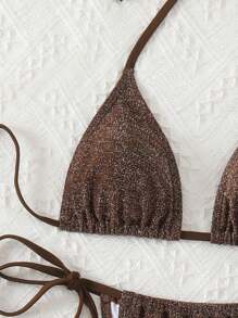 Swim Basics Summer Beach Glitter Triangle Tie Side Brown Bikini