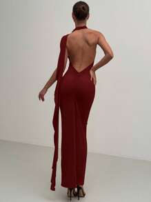 Aloruh 女式深 V 领紧身红色长裙，带 3D 花卉装饰，适合派对、圣诞节、情人节 - 酒紅色 - 查看 6