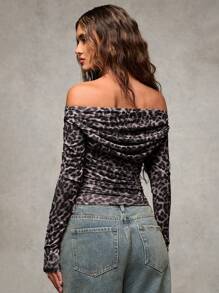 SHEIN BAE Women Leopard Print Pleat Off Shoulder Long Sleeve Top - Grey - View 2