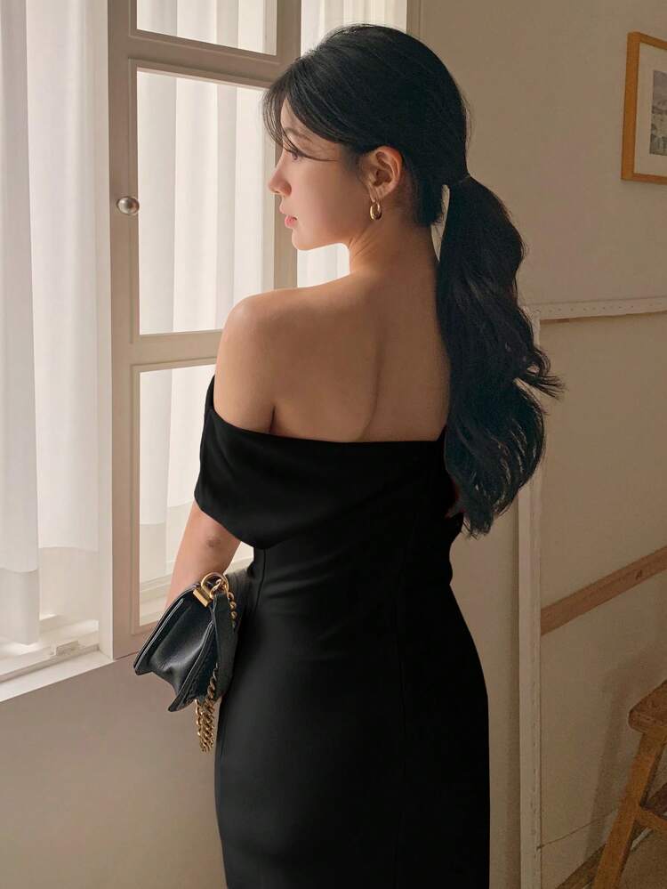 Women's Elegant Solid Color Oblique Shoulder Waist Cinched Midi Dress Elegant Sundress