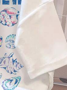 SHEIN Leap Crew Teen Girls' Casual Loose Knit Ocean Animal & Shell Print Oversized T-Shirt, Suitable For Summer - White - View 4