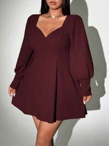 Viva Relle 大码纯色简约长袖连衣裙，夏季时尚 - 紅木色 - 查看 6
